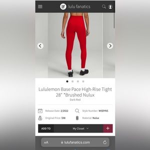 Lululemon Base Pace High-Rise Tight 28" *Brushed Nulux | DARK RED | SIZE 6 | EUC